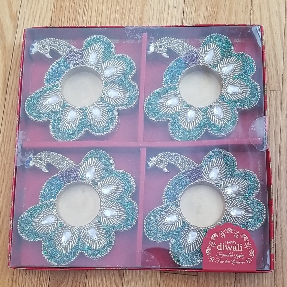Green and Gold Peacock  Diwali Candle Holders